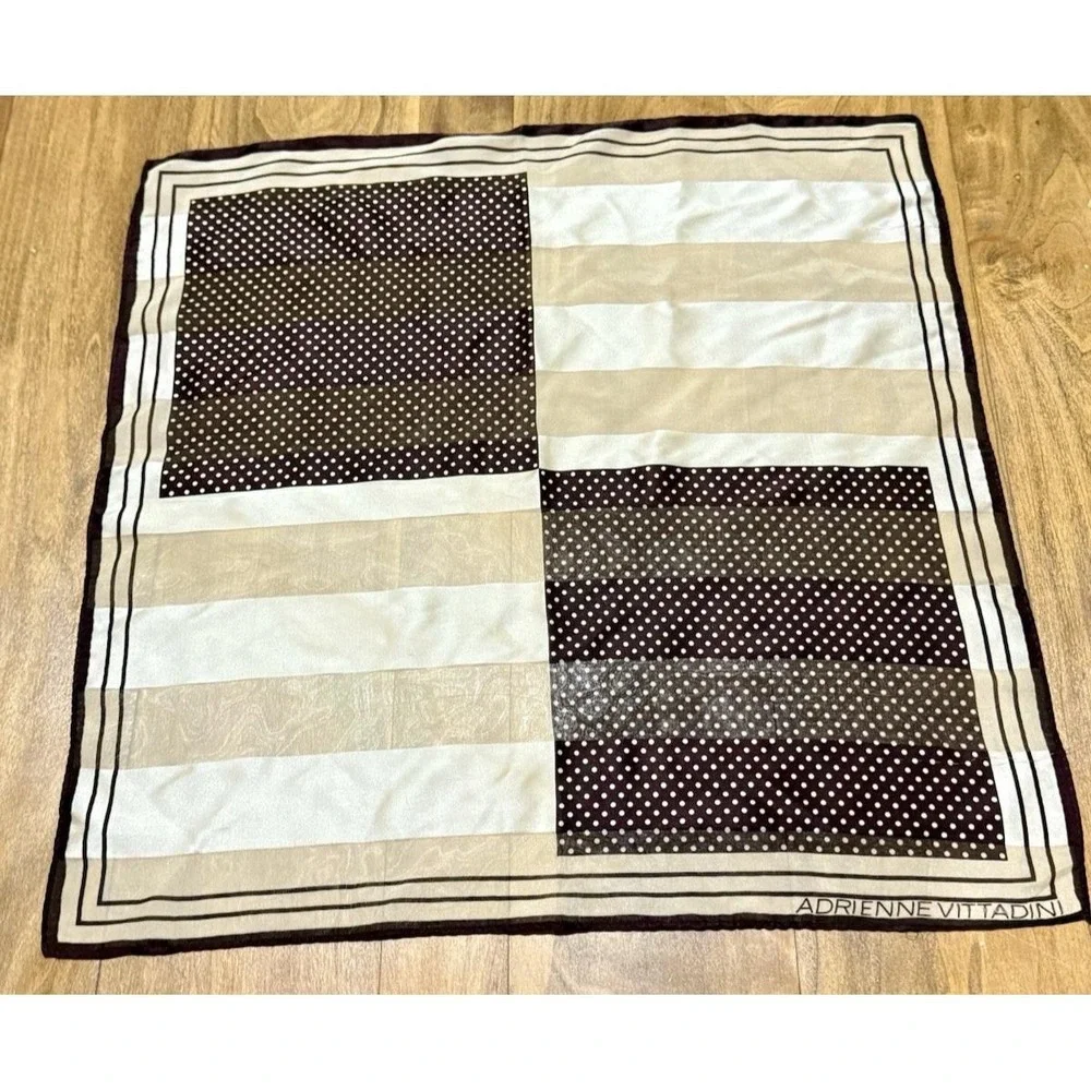 Adrienne Vittadini Silk Scarf Brown Polka Dot Cream Stripe Geometric Square